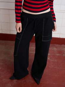 COUREZ Low Rise Cargo Joggers With Contrast Stitching /Y2K Summer Bottoms Cotton Vintage - Black - View 5