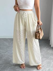 Elenzga Plus Size Women Elegant Textured Drawstring Pants Fall Cloth For Women - Apricot - View 6