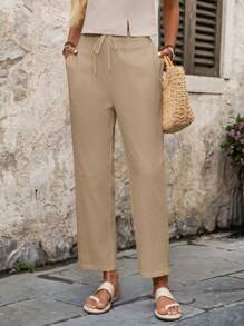 EMERY ROSE Pantalones largos casuales de unicolor con cordón y bolsillo, para verano - Caqui - Ver 5