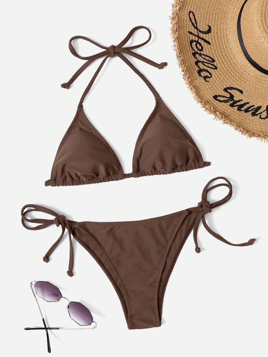 SHEIN Swim Bộ bikini cổ yếm 2 mảnh màu trơn - Cà phê nâu - Xem 1