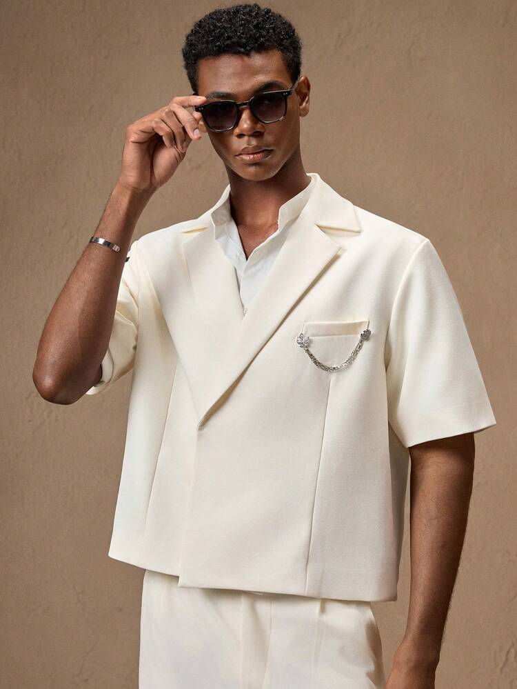 2pcs Casual Business Men's Tailored White Short Sleeve Suit Blazer Set, With Chain Decoration, Suitable For Summer, Vacation, Wedding, Party, Graduation Gift Men White Suit Set Men's Co Ord Set Cream Outfit Men Resort Outfit Two Pieces Set