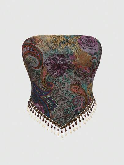 Plus Size Women's Summer Hippie Vintage Western Music Festival Transparent Wooden Bead Fringe Hem Paisley Print Bohemian Bandeau Top