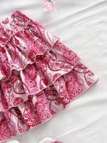 Soleia Minifalda de línea A con textura jacquard tejida blanca, cintura baja y volantes multicapa en el bajo, adecuada para fiestas, citas, San Valentín, fiestas, Pascua, Carnaval, Año Nuevo Chino, crucero de playa, escapada a la ciudad, temporada de bodas, té de la tarde, regreso a la escuela/graduación - Rosa - Ver 5