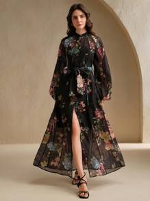 春季、夏季、优雅、度假、约会之夜、花卉 Anewsta 女士度假花卉印花灯笼袖优雅连衣裙 - 黑色 - 查看 6