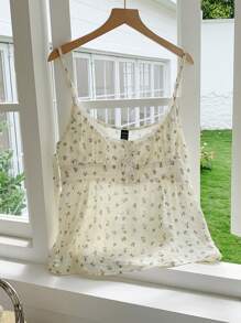 Comfortcana 全新海军蓝碎花女士假日风格纽扣前开式吊带背心，背面有褶皱，清新透气舒适，适合夏季