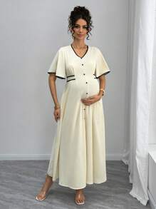 Momance Vestido largo elegante de maternidad con acabado en contraste de color, para el verano
