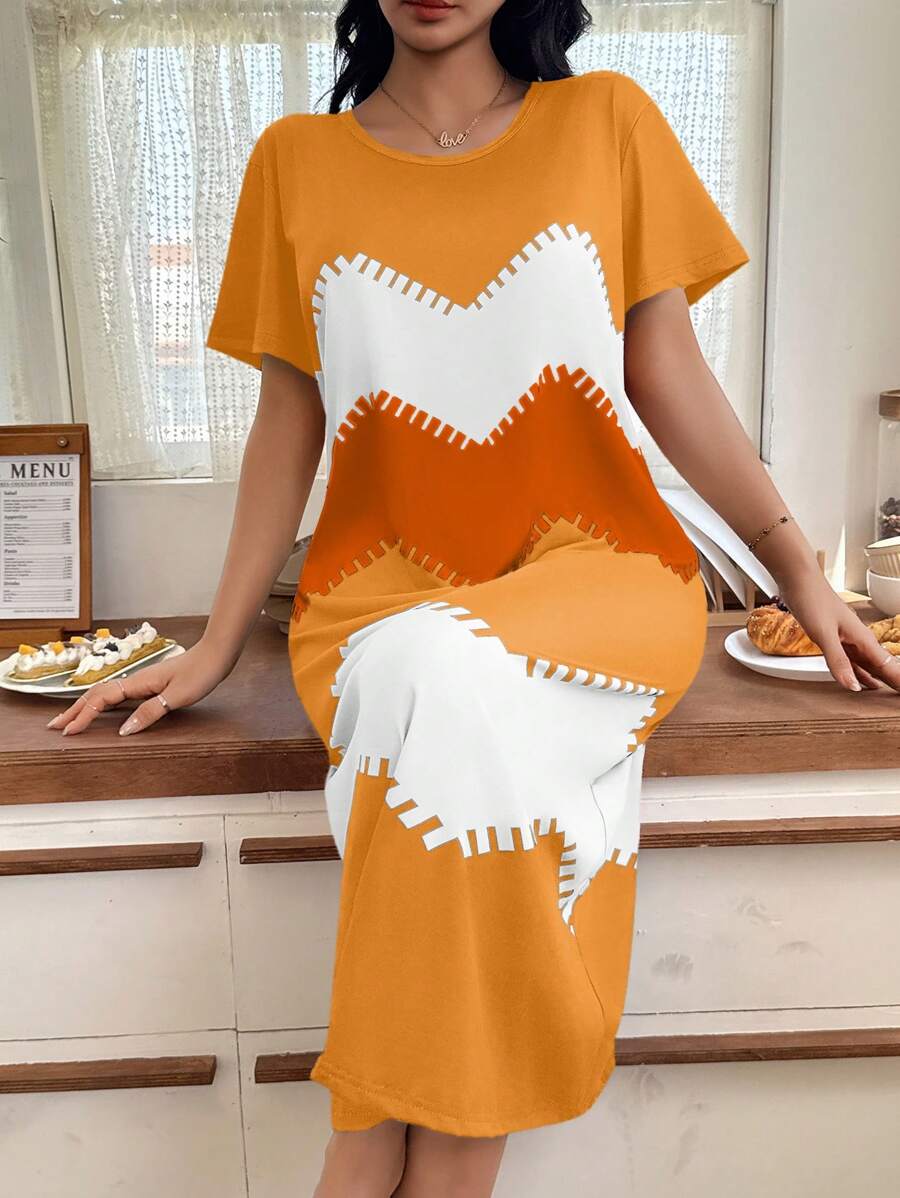 SHEIN Camisón casual de mujer con estampado de olas digitales de manga corta, Moo Moo