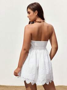 Maija Plus Size White Solid Color Women Strapless Hollow Out Embroidery Sleeveless Casual Dress, Suitable For Holiday, Beach Bohemian Beach Holiday Style Casual Ruffles Loose Large A-Hem Hem Sling Women's Outing Dress Summer Dresses Vacation Outfits Wedding Guest Dress Beach Outfits For Western Wear Women Business Casual Woman Graduation Outfit European Summer Hawaii Outfits Women Work/Office - White - View 4
