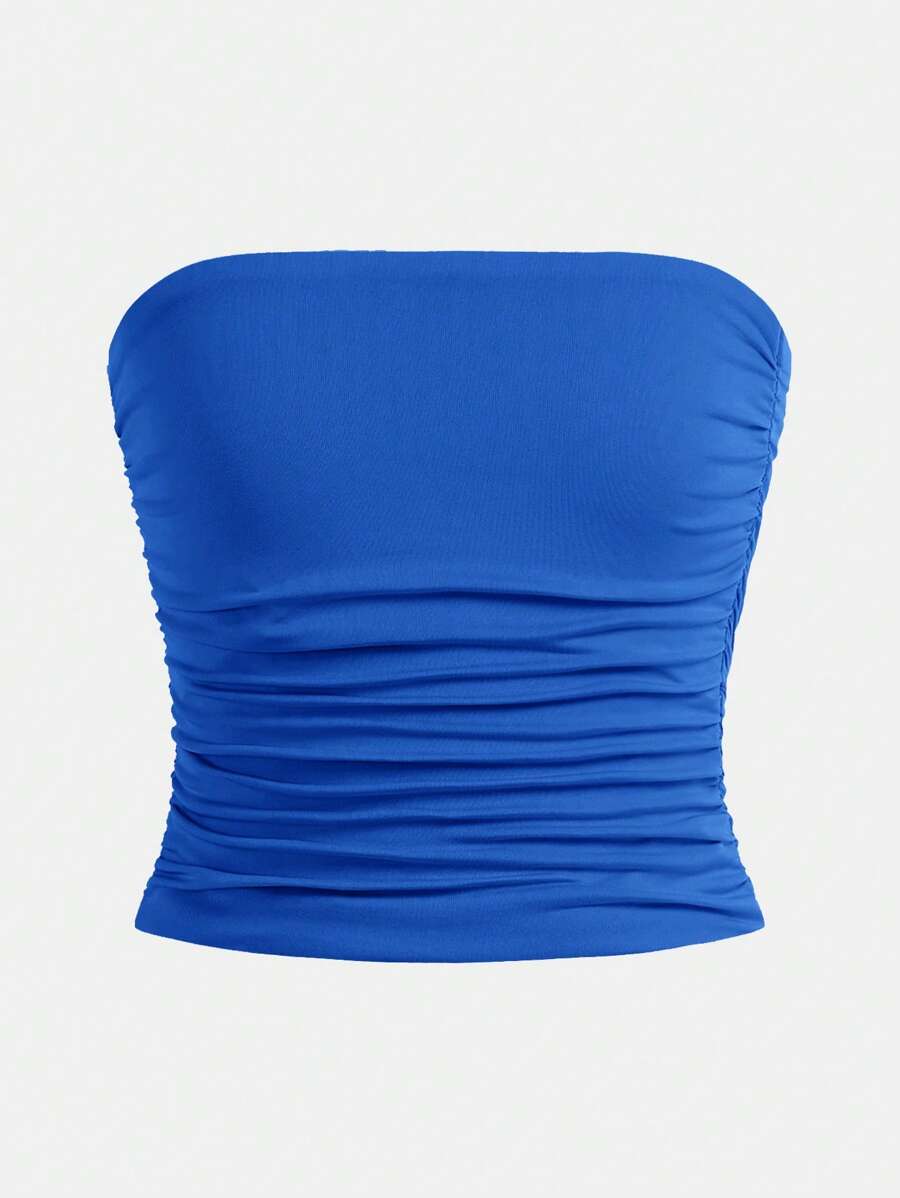 Tween Girl Minimalist Comfortable Side Ruched Tube Top - Royal Blue - View 1