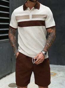 Manfinity CasualCool Conjunto de camiseta polo casual de hombre con rayas marrones y textura