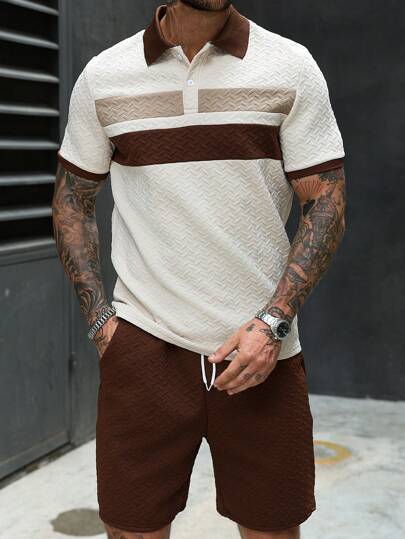 Manfinity CasualCool 男士休闲棕色条纹纹理 Polo 衫套装