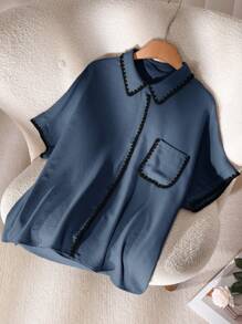 CosyJoli 大码休闲撞色纯色短袖衬衫，夏季时尚 - 藍色 - 查看 5