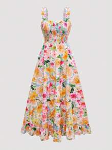 SHEIN LUNE 加大码女式花卉印花荷叶边下摆细肩带可调节胸围A字长裙女装 - 彩色 - 查看 3