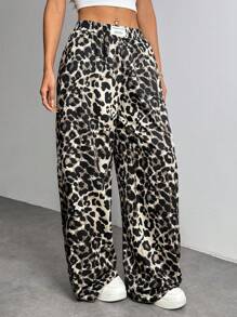 SHEIN PETITE Women's Leopard Print Woven Waistband Patchwork Wide Leg Street Trousers Pants - Multicolor - View 6