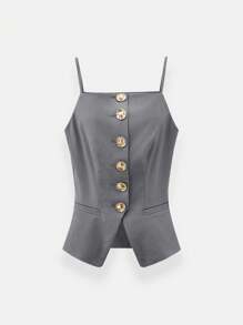 SHEIN Maija Conjunto de traje elegante de chaleco de un solo abotonado y pantalones de unicolor para mujer - Gris - Ver 9