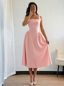 Modelyn 女士方领镂空优雅中长连衣裙，夏季 - 粉色 - 查看 3