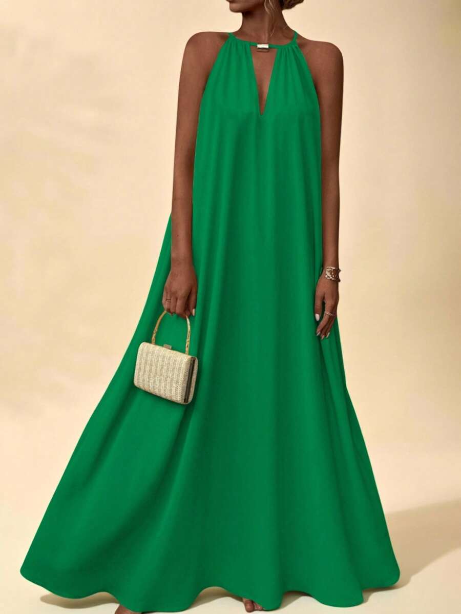 Vesra Vestido largo de verano minimalista de unicolor, sin mangas y con cuello abierto, estilo vacacional para mujer