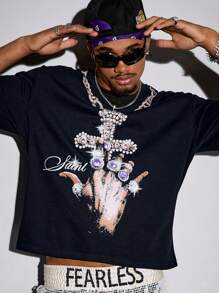 ROMWE MEN Street Life Men's Y2K Goth Slogan Print Short Sleeve Tee, Suitable For Everyday Wear, Spring/Summer, Halloween - Black - View 5