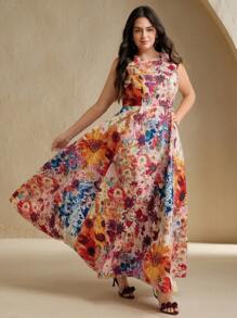 Anewsta Easter Ditsy Floral Round Neck Waist Defining A-Line Fashionable Elegant Vacation Mini Dress For Women, Spring/Summer - Multicolor - View 3