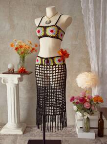 Swim Vcay Bohemian Style Handmade Crochet Floral Tassel Women's Swimsuit Set For Beach Resort For Summer Beach Vacation