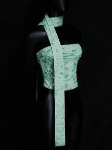 SHEIN ICON Regata Camisole com Recortes de Paetês, Bordados, Pérolas Falsas e Zíper Nas Costas + Adornos de Fita para Férias de Verão, Estilo Boho Vintage, Fashion, Brilho e Brilho para Festas - Verde Menta - Visão 3