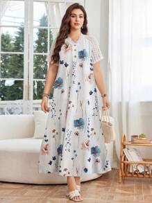 Lacomfia Plus Size Floral Print Lace Patchwork V-Neck Short Sleeve Dress - Multicolor - View 4