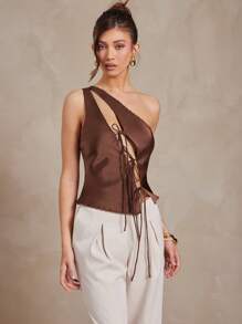 L'Amorae 女士单肩镂空缎面系带春夏上衣 - 綠色 - 查看 3