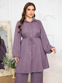 Lacomfia 2pcs Women Plus Size Casual Button-Decorated Waist Tie Long Sleeve Shirt And Pants Set Fall Cloth For Women - Dusty Purple - View 6