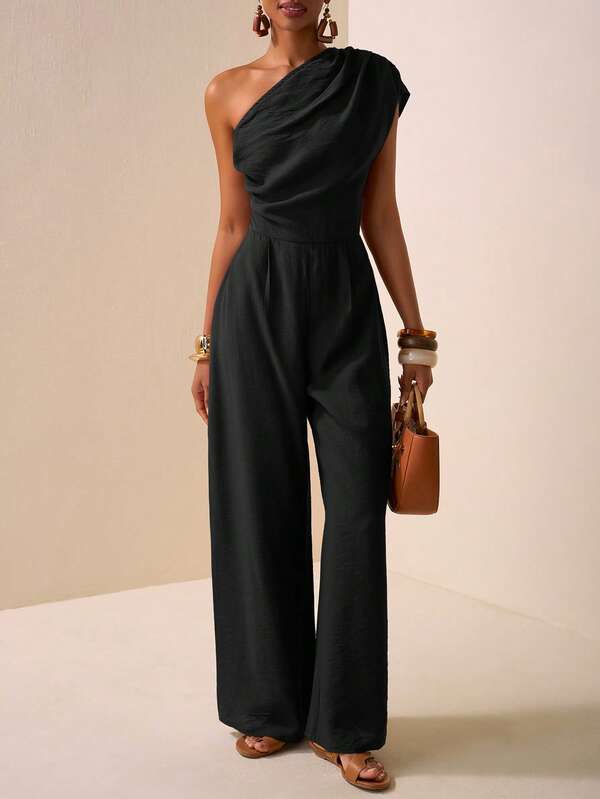 Zivah 2025 Spring Summer New Music Festival, Easter, St. Patrick's Day, Western, Nomadic, Birthday Party, Graduation Season, School Style, Daily Wear, Casual, Vacation, Cruise, Beach, Sunbathing, Street Style, Asymmetric Design Textured Fabric Brown Ruffled Shoulder Jumpsuit