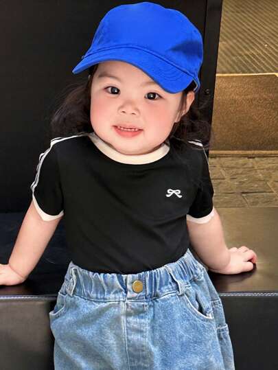 Hapijoa 女童圆领可爱撞色蝴蝶结印花短袖上衣，夏季