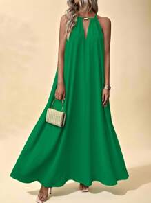 Vesra Vestido largo de verano minimalista de unicolor, sin mangas y con cuello abierto, estilo vacacional para mujer