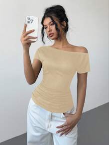 SHEIN Essnce Asymmetrical Off Shoulder Pleated Asymmetric Black T-Shirt For Women