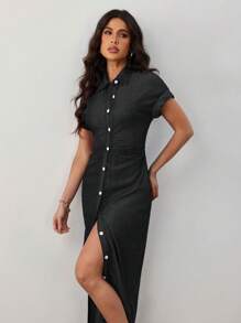 SHEIN Lady Robe en jean casual slim à manches courtes et à simple boutonnage pour femmes