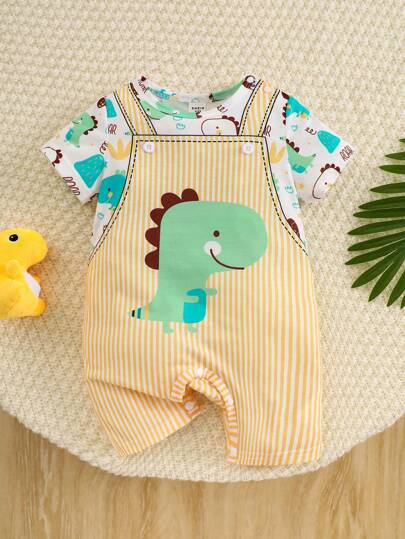 SHEIN Playful Pals Bebé niño Ilustración de fiesta de animales lindos, pantalones de una sola pieza cómodos y suaves, adecuados para salidas diarias y regalos de festivales