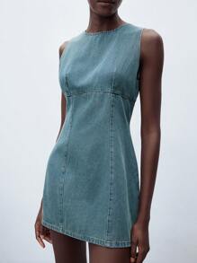 Maija Vestido casual de talle medio de mujer de ajuste ceñido, de cuello redondo y sin mangas, de color azul claro de mezclilla, para uso empresarial y diario - Azul lavado oscuro - Ver 4