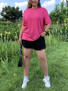 SHEIN EZwear 大码纯色落肩 T 恤 - 玫紅色 - 查看 3