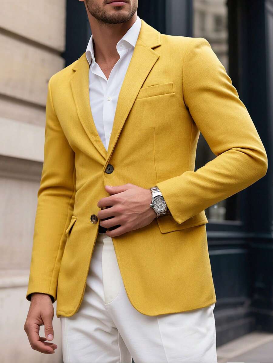Manfinity Bizformal Men's Fashionable Casual Suit Blazer, Men Casual Suits, Blazer For Man, Yellow Blazer Men For Ceremony - Mustard Yellow - View 1