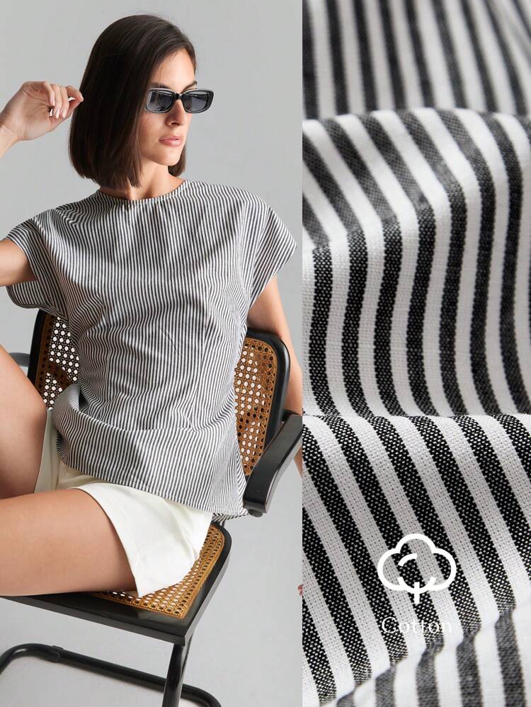 2025 Spring/Summer Twist Back Striped Print Round Neck Short Sleeve Blouse, Holiday/Beach/Party/Basic/Festival/Casual/Versatile Top For Women