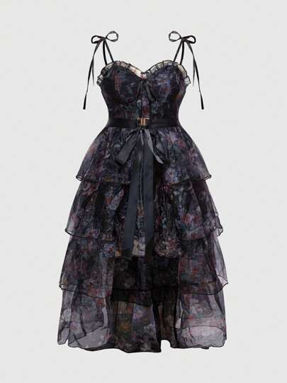 ROMWE Avant فستان كبير الحجم مزدوج بأسلوب قصر ملكي مطبوع بورقات زهور في أسود فاخر مع تنانير قابلة للإزالة - مناسب لحفلات عيد الميلاد والرحلات البحرية والإطلالات المتراصة