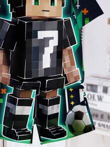 Tween Boy Navy Blue Summer Cute Vacation 2 Pieces Set,Cartoon Pixel Cube Robot & Soccer Player Graphic Print Short Sleeve T-Shirt & Shorts Outfit - Multicolor - View 5