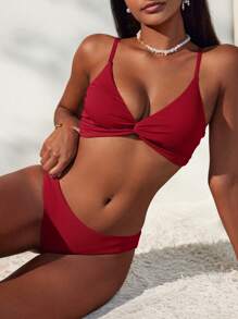 Swim Vcay 女士可调节红色打结抽绳比基尼泳装套装