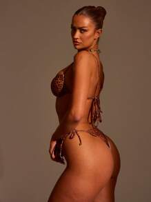 Musera Resort Leopard Print Ring Detail Bikini Top Only For Vacation Summer Beach Resort Sexy Swim Cute Festival Graphic