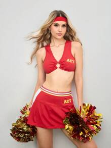 SHEIN Sports 拼色条纹和字母印花夏季时尚运动短裙 - 紅色 - 查看 7