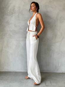 Aloruh 女士春夏新品套装，杏色无袖裹身上衣，系带领口，低腰串珠装饰阔腿裤，女士沙滩装，女士休闲装泳衣罩衫，女士夏季套装，两件套女士亚麻裤，亚麻裤女士泳衣罩衫，节日假期女士沙滩装，度假装女士