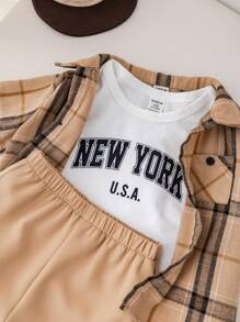 SHEIN 3pcs/Set Baby Boy Cute Summer Casual Plaid Short Sleeve Shirt, Elastic Waist Shorts, Letter Printed White T-Shirt Outfit - Multicolor - View 10