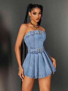 Jeanoix 女式纯色修身褶皱牛仔连体裤，夏季