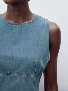 Maija Vestido casual de talle medio de mujer de ajuste ceñido, de cuello redondo y sin mangas, de color azul claro de mezclilla, para uso empresarial y diario - Azul lavado oscuro - Ver 7