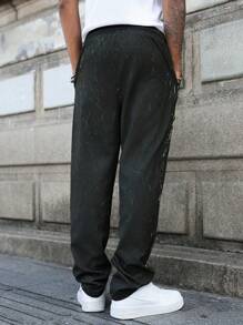 Manfinity EMRG Pantalones casuales sueltos con cintura con cordón y bolsillos, pantalones reflectantes de hombre, pantalones de hombre de estilo urbano - Negro - Ver 2