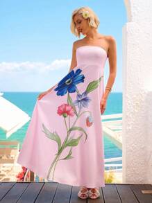 Vivid Eden Women's Summer Pink Floral Tropical Strapless Maxi Dress,Elegant Garden Party Vacation Holiday,Hawaii Beach Outfits,Tea Party Birthday Dress - Multicolor - View 8