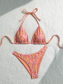 Sweetra Women's Summer Vacation Reversible Ditsy Floral & Plaid Bikini Set